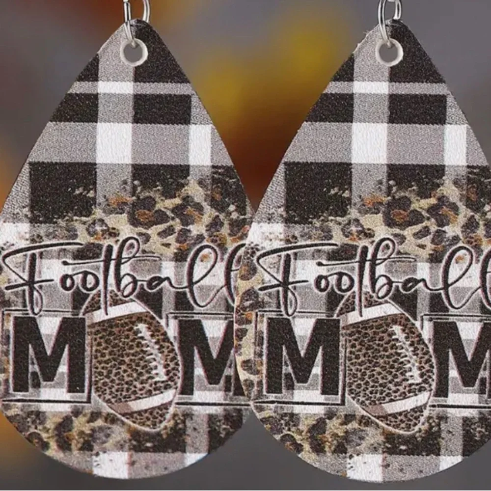 New Football mom faux leather leopard dangle earrings